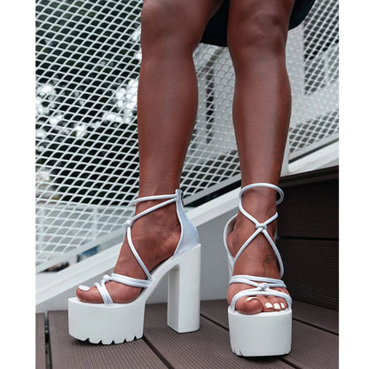 vzyzv -  New Black Summer 14cm High Block Heels Chunky Platform Sandals for Women White Cross-strap Shoes Big Size 43