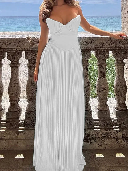 vzyzv -  Sexy Strapless Women Pleated Maxi Dress Fashion Solid Backless High Waist Dresses 2024 Summer Lady Sleeveless Party Evening Robe