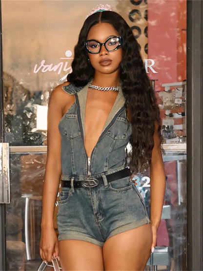 vzyzv -  Summer Lapel Sleeveless Zipper Denim Romper Hipster Streetwear For Women 2024 Halter Backless Sexy Rolled Jeans Jumpsuit