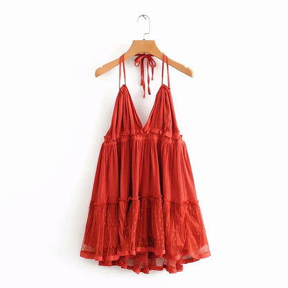 vzyzv -  vestidos Backless Lace Spliced Dress Summer Halter V-neck Mini Dresses Women Maxi Dresses for Women Summer Dress