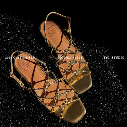 vzyzv  -  Women Sandals Narrow Band  Retro Ladies Summer Sandals Gold Brown Roman Style Vintage Gladiator Shoes On Med Heel 3 CM