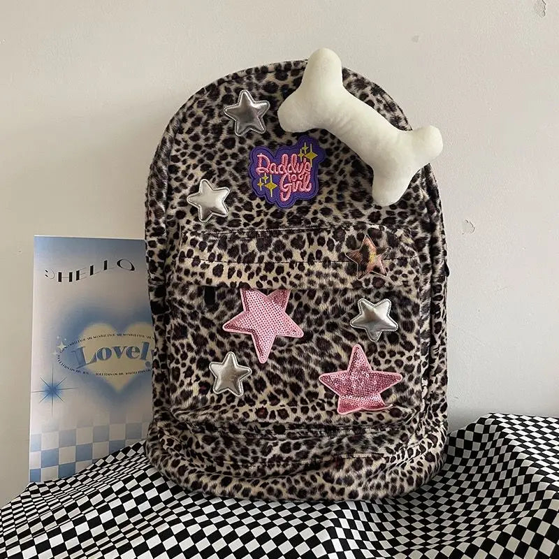 vzyzv  -  Korean Fashion Leopard School Backpack for College Students Y2k Star Patchwork Aesthetic Cute Girl Backpack  All Match Mochilas