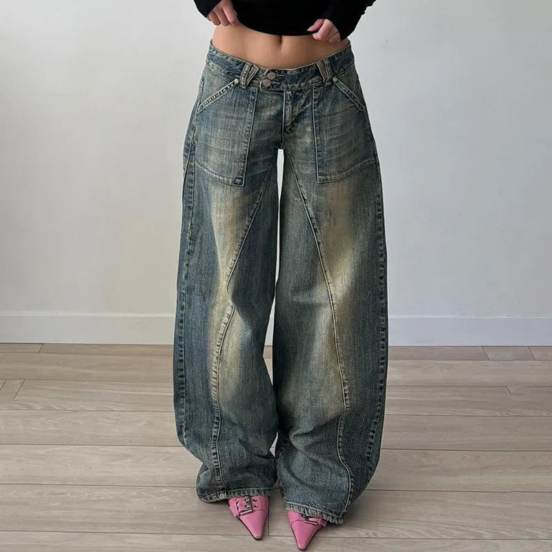 vzyzv  -  Denim Irregular Jeans America Sexy Cotton Distressed Split Line Pants Girl Retro Casual Low Waist Loose Versatile Wide Leg Pants