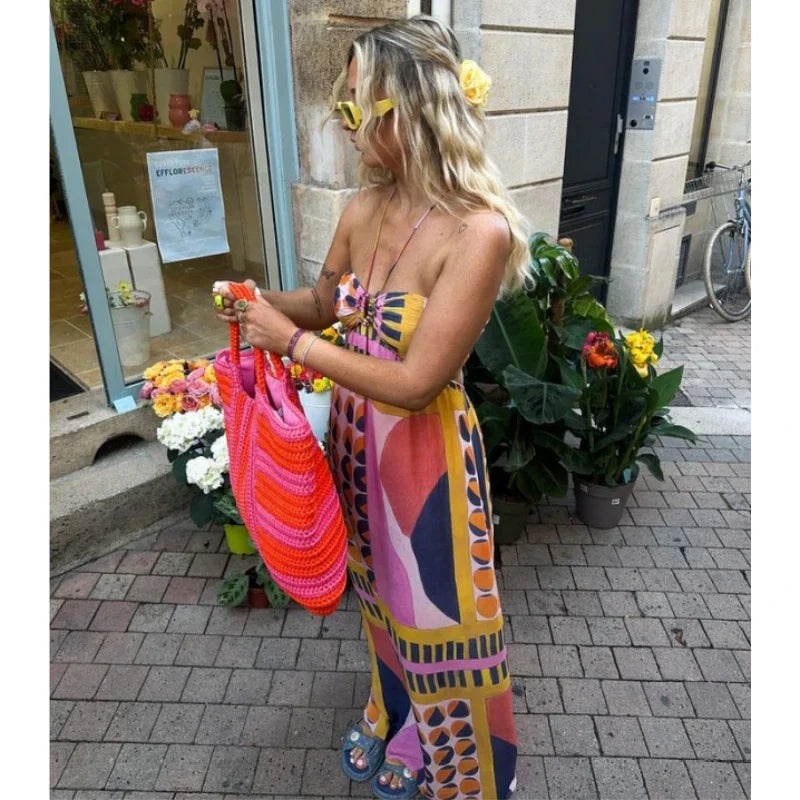 vzyzv -  Neck Print Dress Sexy Maxi Dress Beach Backless Sleeveless High Waisted Women's Summer Swing Bohemian Retro Dress