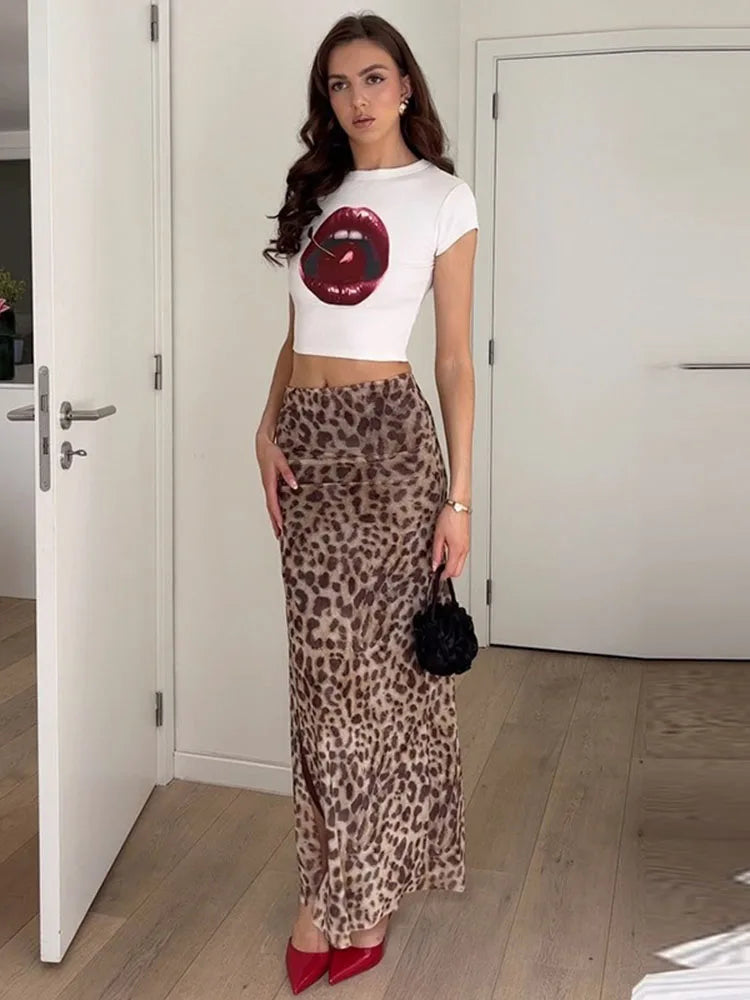 vzyzv  -  Leopard Print Maxi Skirt Women's Summer Slim Fashion Patchwork High Waist Streetwear Party Maxi Dress Elegant Maxi Skirt