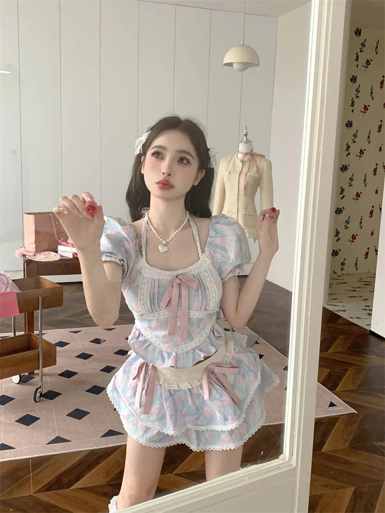 nvxiot  -  Lolita Style Women's Two-piece Sets Sweet Bow Tie Lace Short Sleeved Shirt & High Waisted Cake Skirt Set Summer Dopamine Outfits