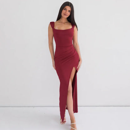 vzyzv -  Square Neck Slim Slit Long Dress For Women Sleeveless Irregular High Waisted Backless Summer Solid Color Evening Dress