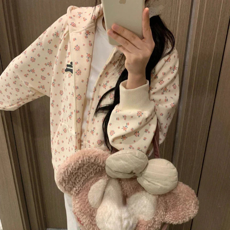 vzyzv  -  Korean Fashion Sweet Hoodie for Women Flowers Print Oversize Zip-up Hooded Sweatshirts College Coquette Aesthetic Tops