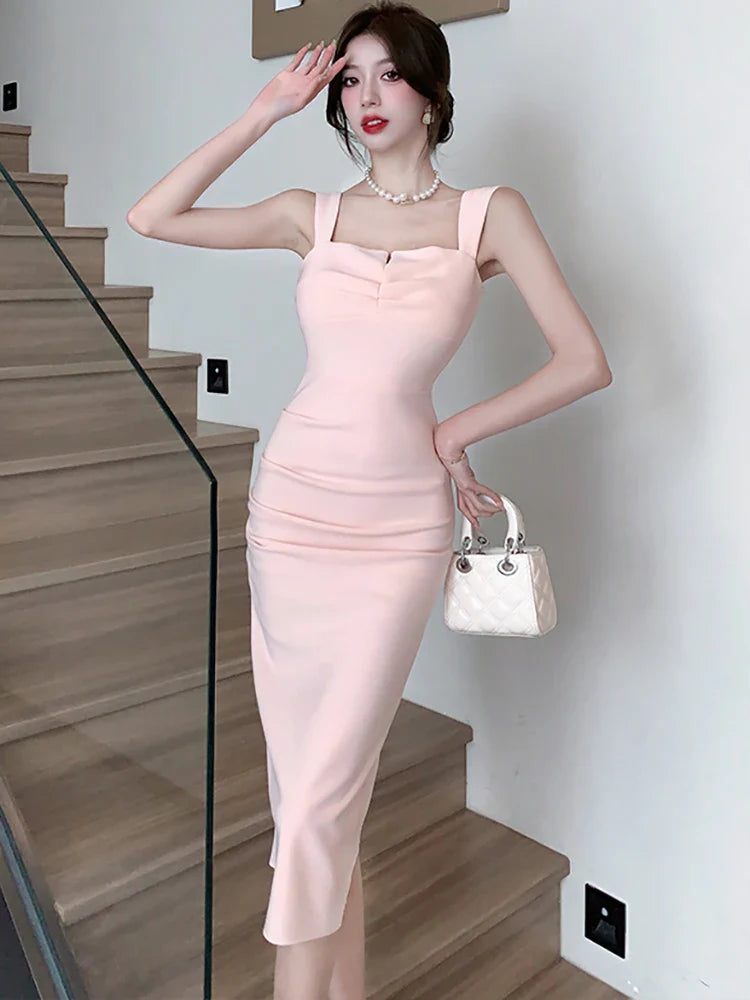 nvxiot  -  2024 Pink Bodycon Hip Wrap Dress Summer White Pleated Square Collar Sling Long Dress 2024 Black Elegant Sexy Club Evening Dress