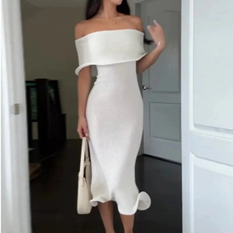 vzyzv  -  Sexy Solid Lotus Edge Midi Dress Women Elegant Princess One Shoulder Slim Party Dress Shawl Sleeve Bodycon Tube Party Robes