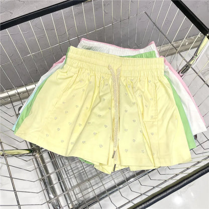 vzyzv -  Little Love Diamonds Summer Wide Leg Shorts Women Elastic Waist Lace up Short Pants High Quality Female Trousers Z266