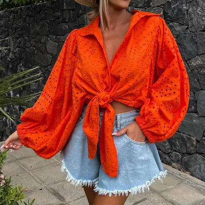 nvxiot  -  Casual Turn-down Collar Lace Up Solid Color Top Women Fashion Lantern Sleeves Beach Blouses Summer Hollow Lace Embroidered Shirt