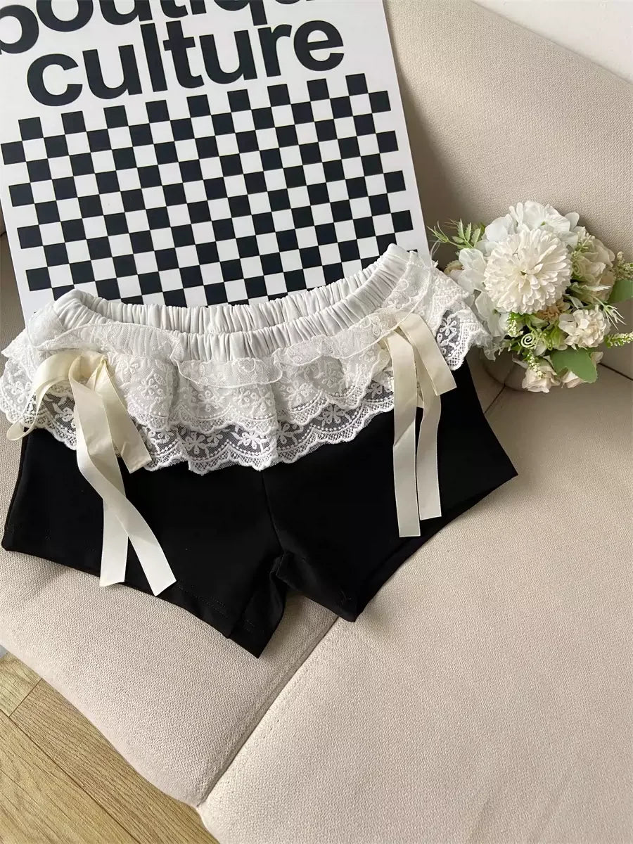 TAVIMART  -  Lace Patchwork Black Shorts Women Bow Elastic Waist Sexy Girl Tight Short Pants Summer Ballet Style Chic Kawaii Clothes