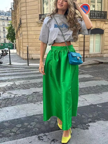 vzyzv -  Silk Patchwork High Waist Long Skirt Women's Summer Solid Color Skirt Fashion Simple Loose New Women's Long Skirt 2024