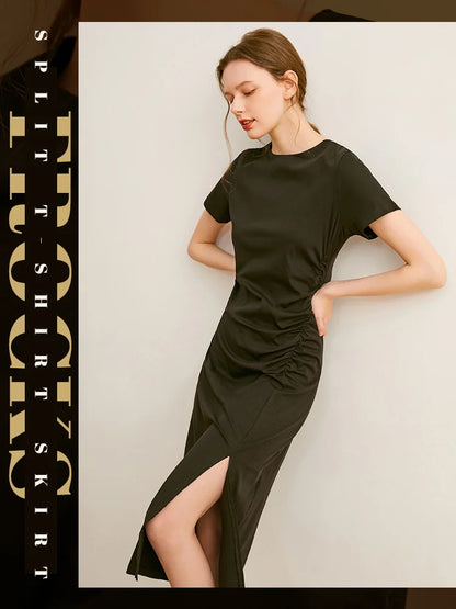 nvxiot  -  Country Pleated Split T-shirt Dress Women's Summer Design Sense Summer Long Covering Fleece Waist Shrinking Skirt