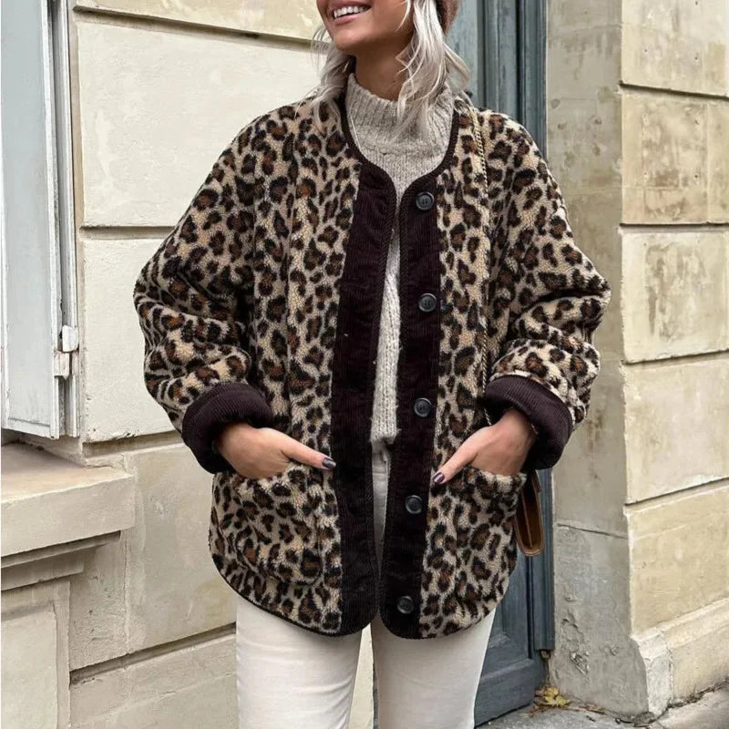 vzyzv  -  Vintage Leopard Print Single Breasted Jacket Women Elegant O Neck Long Sleeves Pocket Coat New Fashion Lady Warm Outerwear