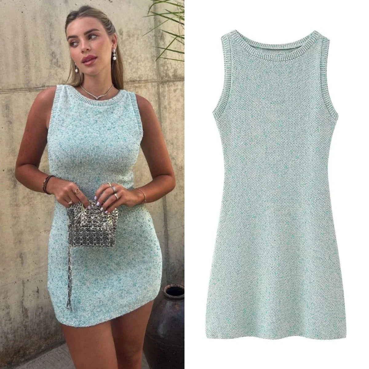 vzyzv  -  New Women's Fashion Sweet Solid Round Neck Sleeveless A-line hem Knitted Slimming Mini Short Dress