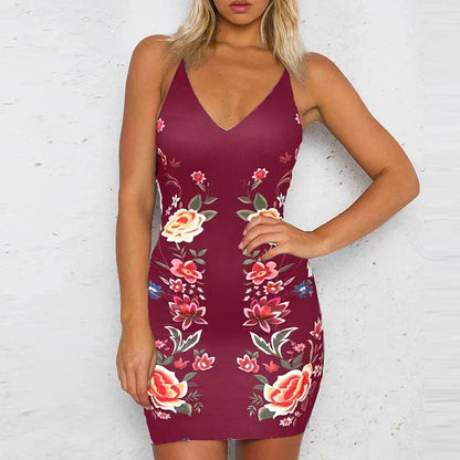 vzyzv  -  Women  Sleeveless V-neck Female Short Dress Elegant Bag Hip Dresses Simple Double Floral Printed Side Bodycon Mini Dress