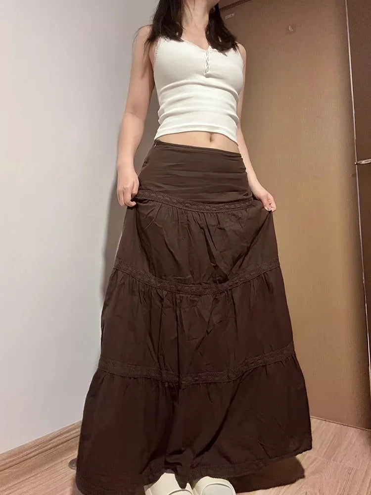 vzyzv  -  Women Brown Gothic A-line Skirt Vintage Y2k 90s Aesthetic Long Skirt Harajuku Korean Patchwork Skirts 2000s Clothes Summer 2024