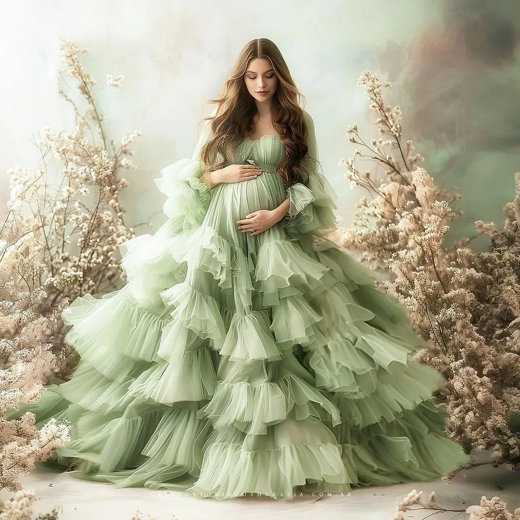 nvxiot  -  Charming Mint Green Maternity Dresses for Photography Extra Ball Gown Tiered Tulle Maternity Dress Photoshoot Babyshower Gowns