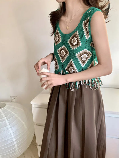 vzyzv -  Sweet Hot Girl Retro Hook Flower Hollowed Out Tassel Vest Women's Summer Ethnic Style Strap Knitted Top Fashion Female Clothes