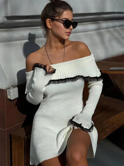 vzyzv  -  Knit Off-Shoulder Sweater Mini Dress Women's Lace Patchwork Ribbed Slim Backless Elegant Party Dress Knitwear Mini Dress