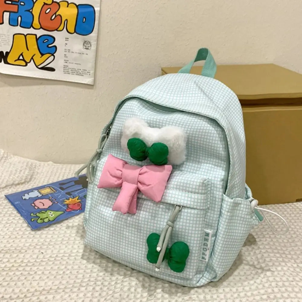 vzyzv  -  Large Capacity Cute Bowknot Backpack Solid Color Korean Style Nylon Student School Bag Lattice Lightweight