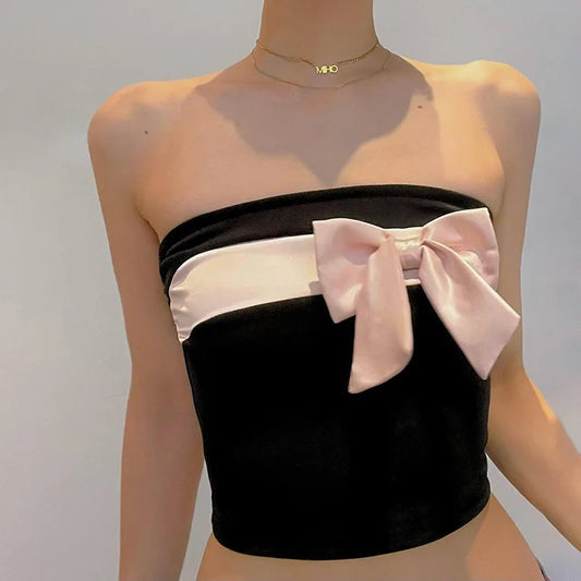 nvxiot  -   Pink Bow Strapless Top for Women Hot Y2k Style Sleeveless Contrast Color Black Tops Fashion Cropped Tanks Streetwear Sweet