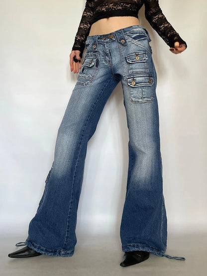 vzyzv  -  Vintage Blue Wash Loose Straight Flare Jeans Korean Chic Pockets Slim Denim Y2k Streetwear Low Waist Trousers All-match