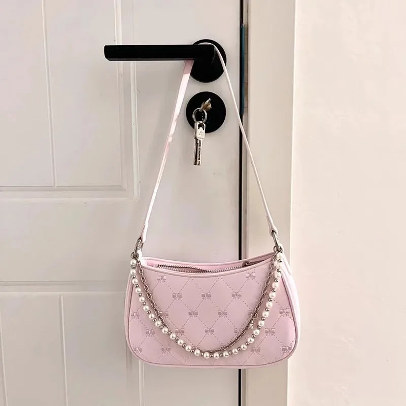 vzyzv  -  Pink Womens Shoulder Bag Elegant Cute Bow Pearl Chains Bow Embroidery Handbag Casual Leather Korean Fashion Female Handbag