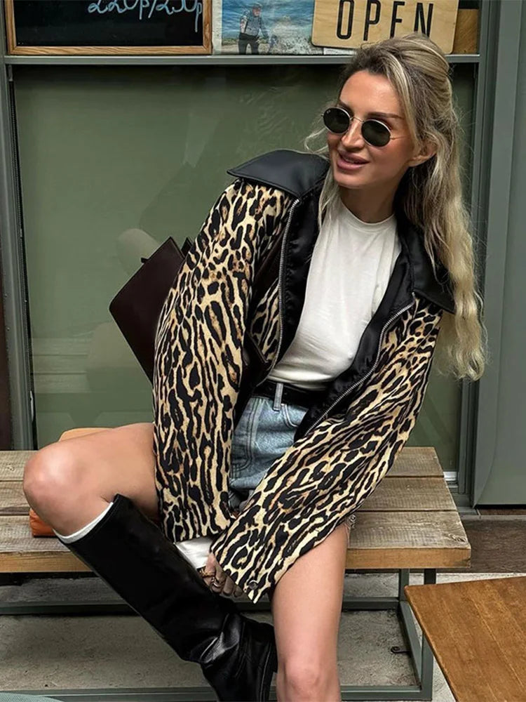 vzyzv  -  Women's Casual Leopard Printed Leather Lapel Patchwork Jacket Chic Zipper Long Sleeve Short Slim Coat 2024 Lady High Streetwear