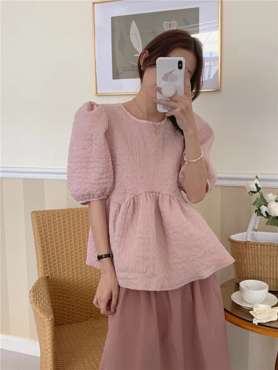 nvxiot  -   Korean Puff Sleeves Solid Color Folds Temperament Commute Loose Blouse O-Neck Casual Lace Womens Tops Camisas De Mujer