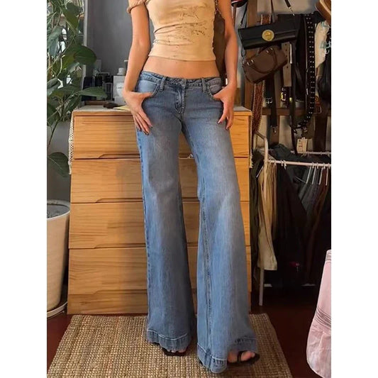 vzyzv  -  Women's Retro Washed Low Waisted Flared Jeans Summer New Chic Casual Wide-leg Pants Female Sexy Denim Bell-bottoms Trousers