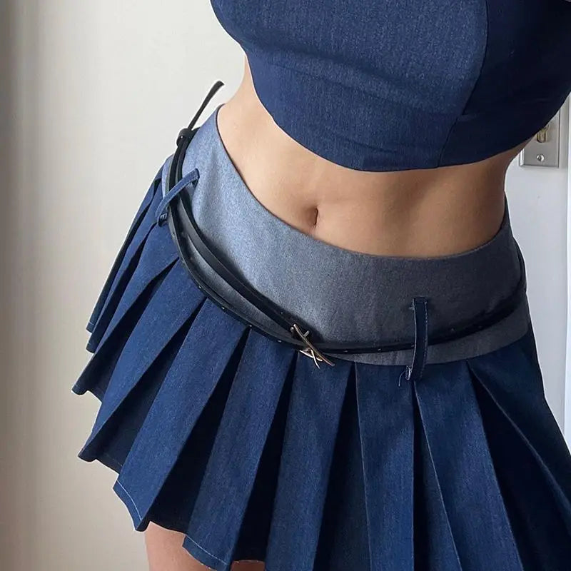 vzyzv  -   Pleated Stitching, Contrasting Colors + Belt To Cover Crotch Slimming Sweet And Spicy Skirt Short Skirt American Style For Women