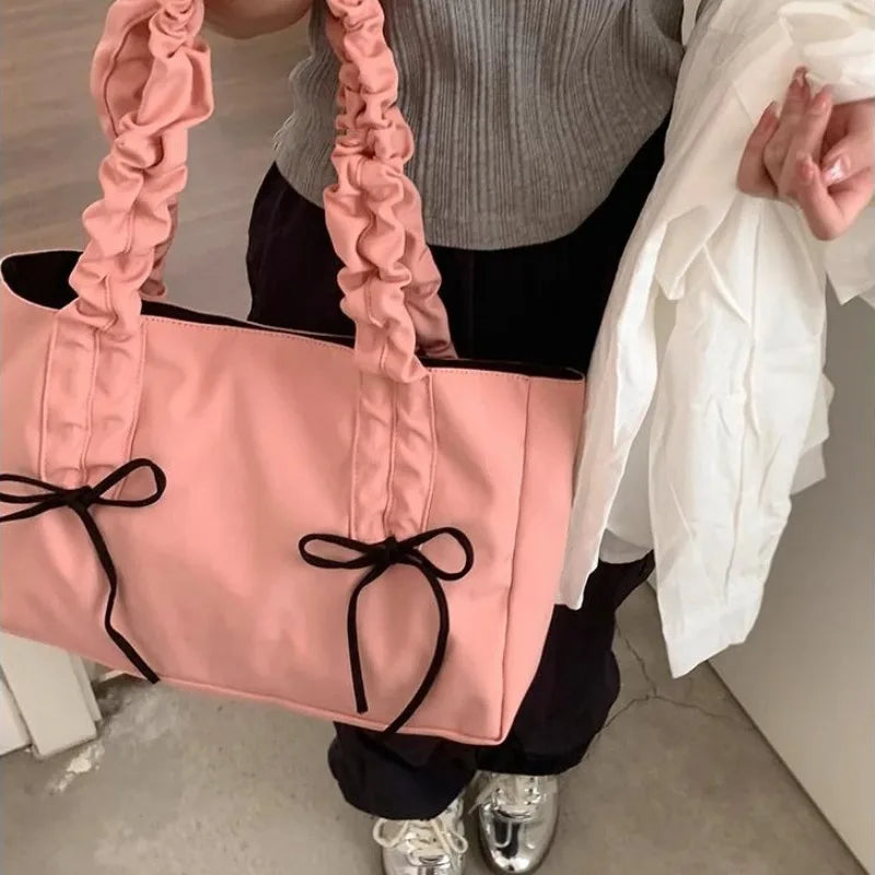 vzyzv  -  Pink Pleated Womens Tote Bag Nylon Sweet Elegant Gentle Literary Casual Shoulder Bag Aesthetic New Korean Fashion Handbag