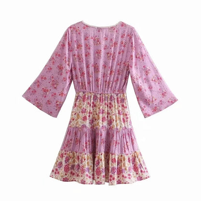 vzyzv -  Floral Vintage Mini Dress Pink Holiday Boho Women Dress  Flare Sleeve Summer Holiday Ladies Female Sexy Dresses