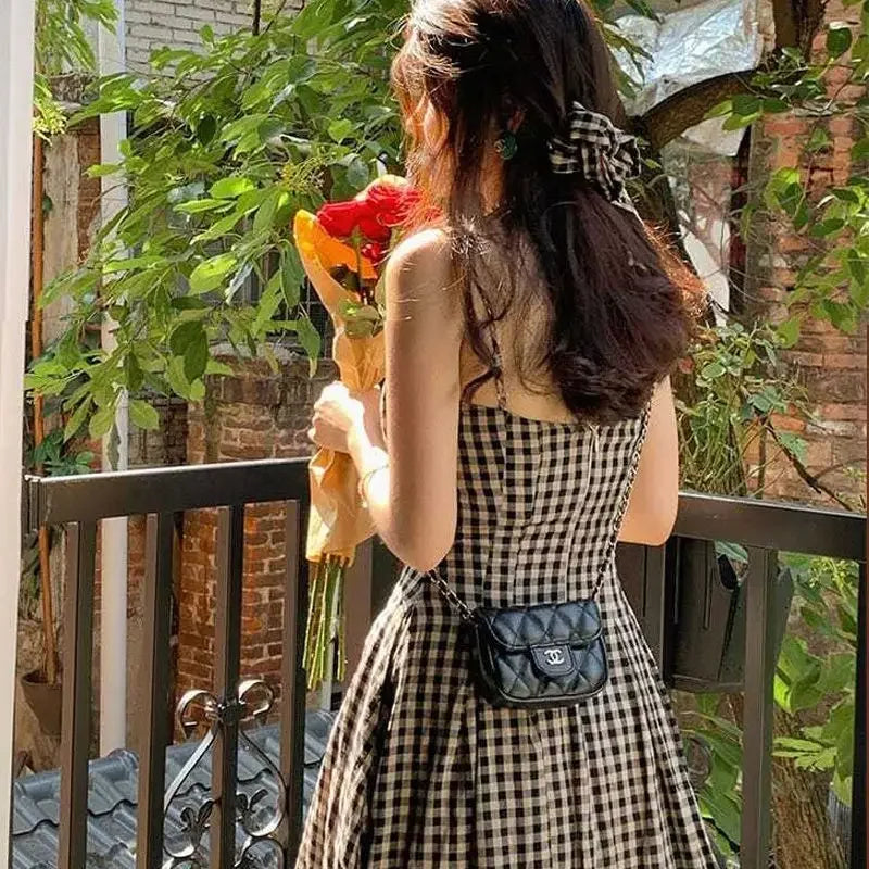 vzyzv -  French Niche Vintage Plaid Halter Dress Sexy Backless Dress Summer New Vacation Style Fairy Skirt Y2K