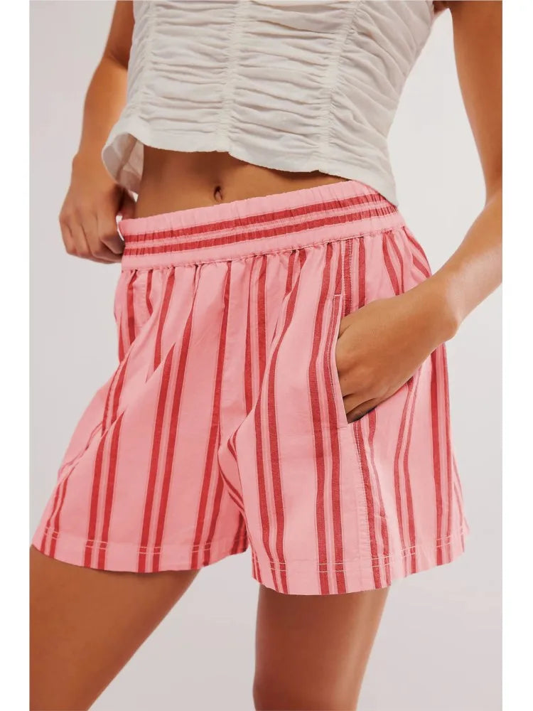 vzyzv -  Spring Summer Casual Sportwear Stripe Shorts Elastic Waist Pocket Beach Vacation Style Fashion Straight Women Shorts 2024 New