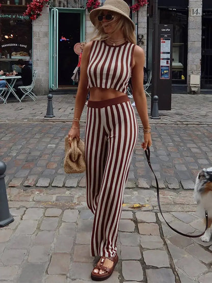 vzyzv  -  Fashion Striped Printed Sleeveless Women Tops Suits Casual O Neck Straight Pants Sets 2024 New Chic Female Office Outfits