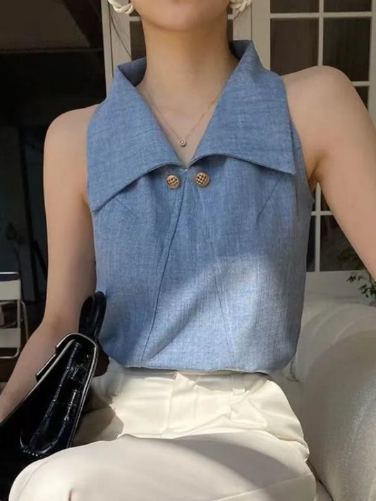 vzyzv  -   Temperament Lapel Blouse Women Sleeveless Off Shoulder Blue Shirts Office Lady Formal Elegant Fashion Tops Summer Chic