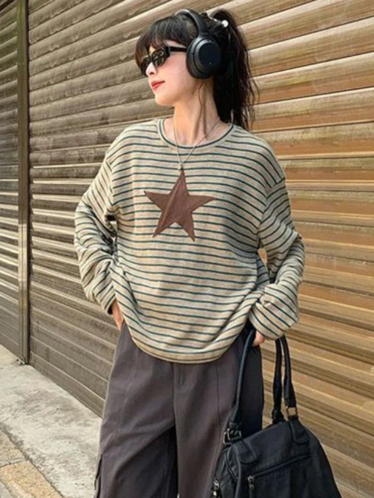 vzyzv  -  Y2K Kpop Star Graphic T Shirts Women Harajuku Retro Striped Long Sleeve Tees Korean Loose Casual Tops Grunge Streetwear