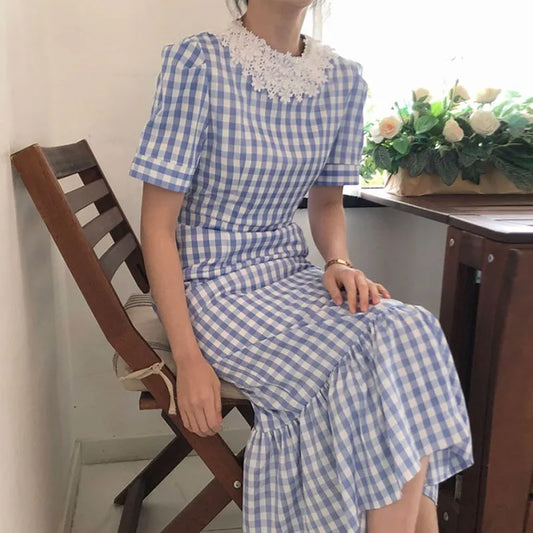 nvxiot  -   Korean Summmer Vintage Dress Elegant Ladies Lace Round Collar Short Sleeve High Waist Long Plaid Dresses Fashion Dress for Women