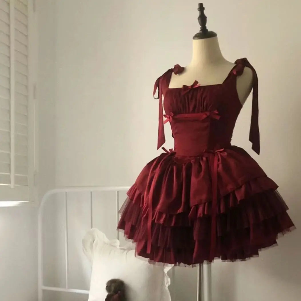 vzyzv  -  Small Ribbon Lolita Retro Ballet Style Sp Lolita Puffy Dress Jsk Red Dreamy Purple Cake Dress Princess Dress Women