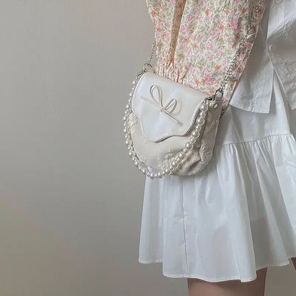 vzyzv  -  Korean Fashion Jacquard Women's Handbags Elegant Girls Fairy Pearl Chain Crossbody Bag Sweet Kawaii Y2k Aesthetic Shoulder Bags