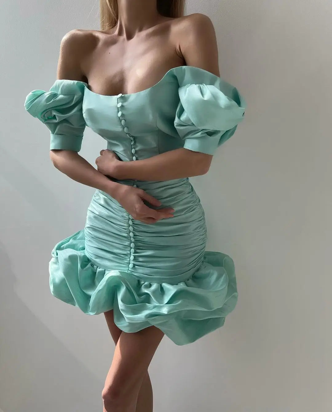 nvxiot  -  Chic Pleated Mint Aqua Short Prom Gown 2024 Party Dresses with Buttons Slim Women Formal Occasion Dress Vestidos de fiesta