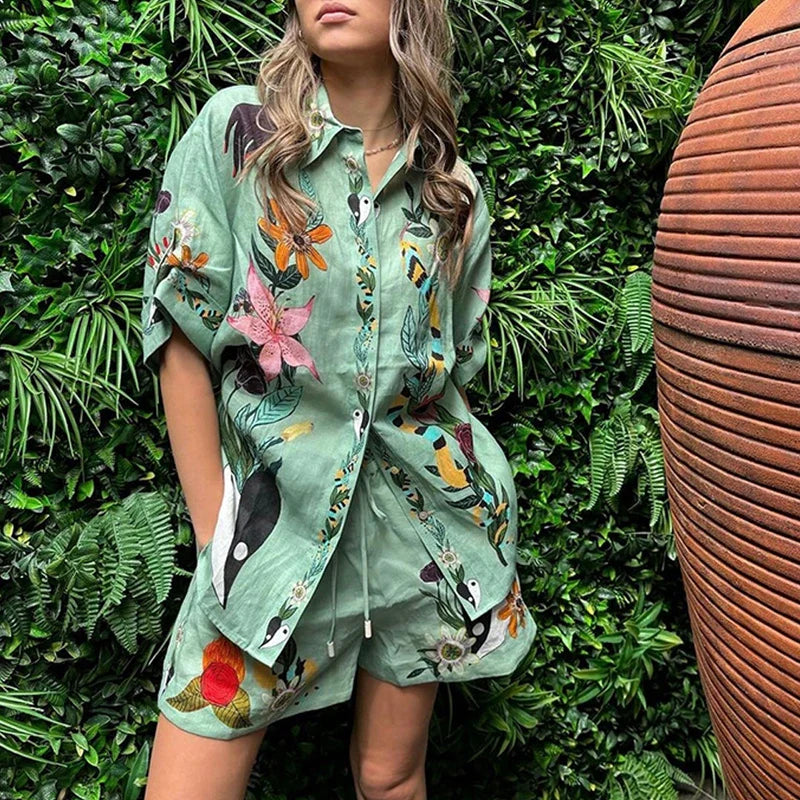 vzyzv -  Fashion Long Sleeve Button Shirt Tops&Pants Suit New Women's Outfits 2024 Summer Floral Printed Hawaii Beach Vocation 2Pcs Set