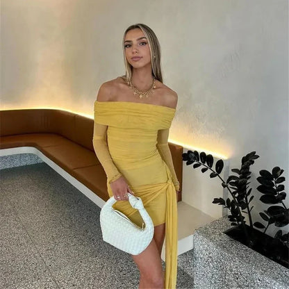 vzyzv  -  Strapless Backless Sexy Mini Dress For Women Fashion Off-shoulder Long Sleeve Bodycon Club Party Dress Elegant 2024 New