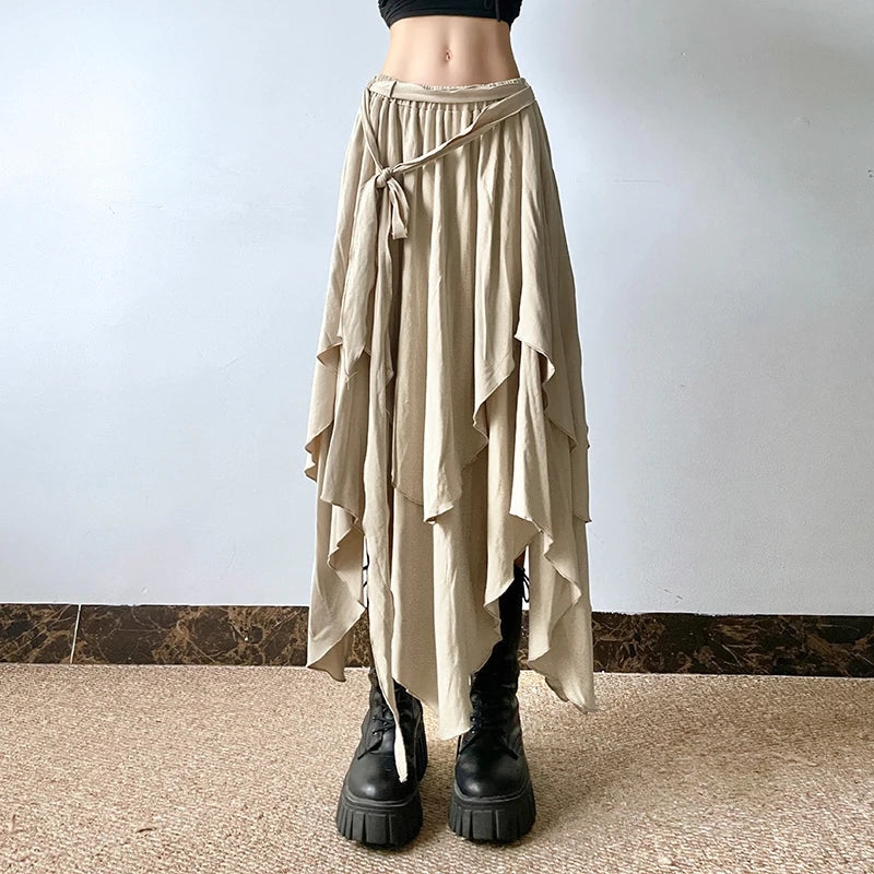 vzyzv  -  Grunge Style Asymmetrical Long Skirt Women Vintage Khaki Elastic Waist Lace-up A-line Skirt Loose Fit Korean Fashion