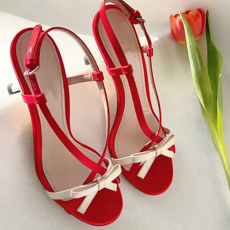 vzyzv -  Open-toed Red Stiletto Bow Buckle with Sandals Women's Summer 2024 New Sexy Sweet High Heels