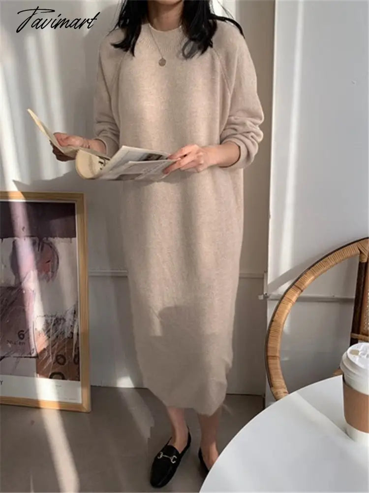 Autumn Winter New O-Neck Casual Loose Knitted Dress Female Straight Long Sleeve Oversize Sweater Womens Long Dress